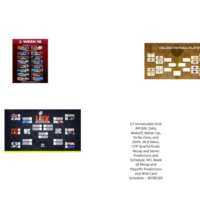 1/7 Immaculate Grid, ARI and BAL Daily Walkoff, Batter-Up, Strike Zone, and 2004, CFP Quarterfinals Recap and Semis Predictions, NFL Week 18 Recap and Playoffs Predictions - podcast episode cover