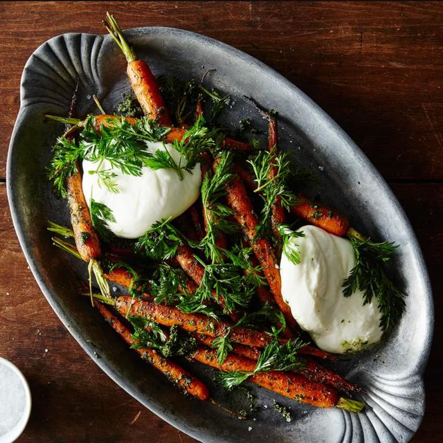 Emily Oster makes Roasted Carrots with Carrot Top Pesto & Burrata - podcast episode cover